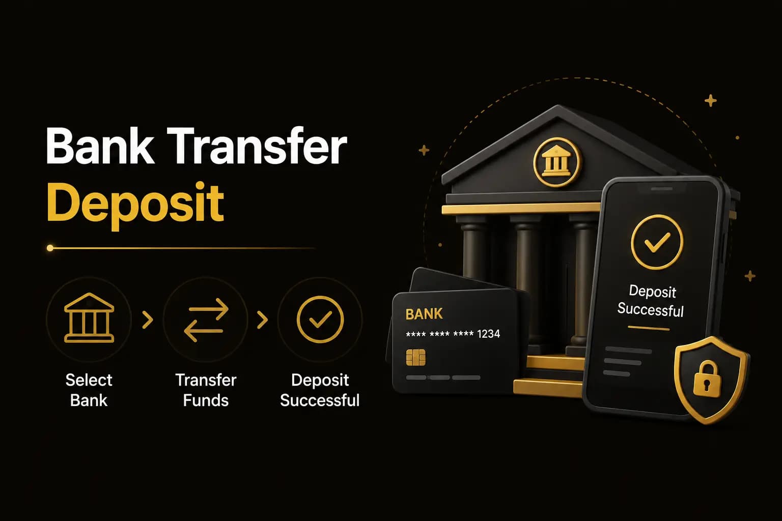 Bank Transfer Deposit graphic with select-bank, transfer-funds and deposit-successful icons