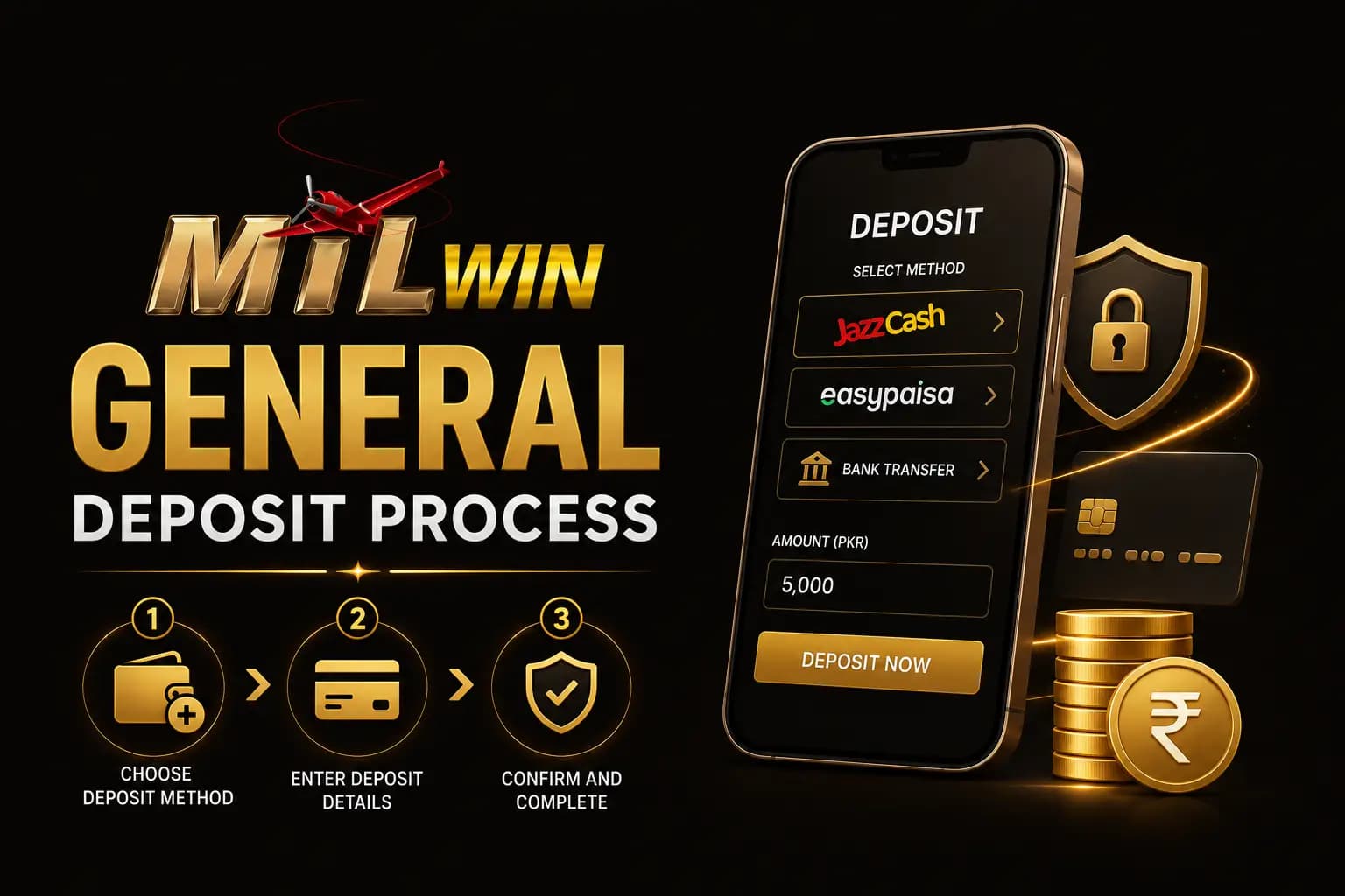 Mil Win General Deposit Process graphic showing the deposit method, amount and confirm steps on a phone