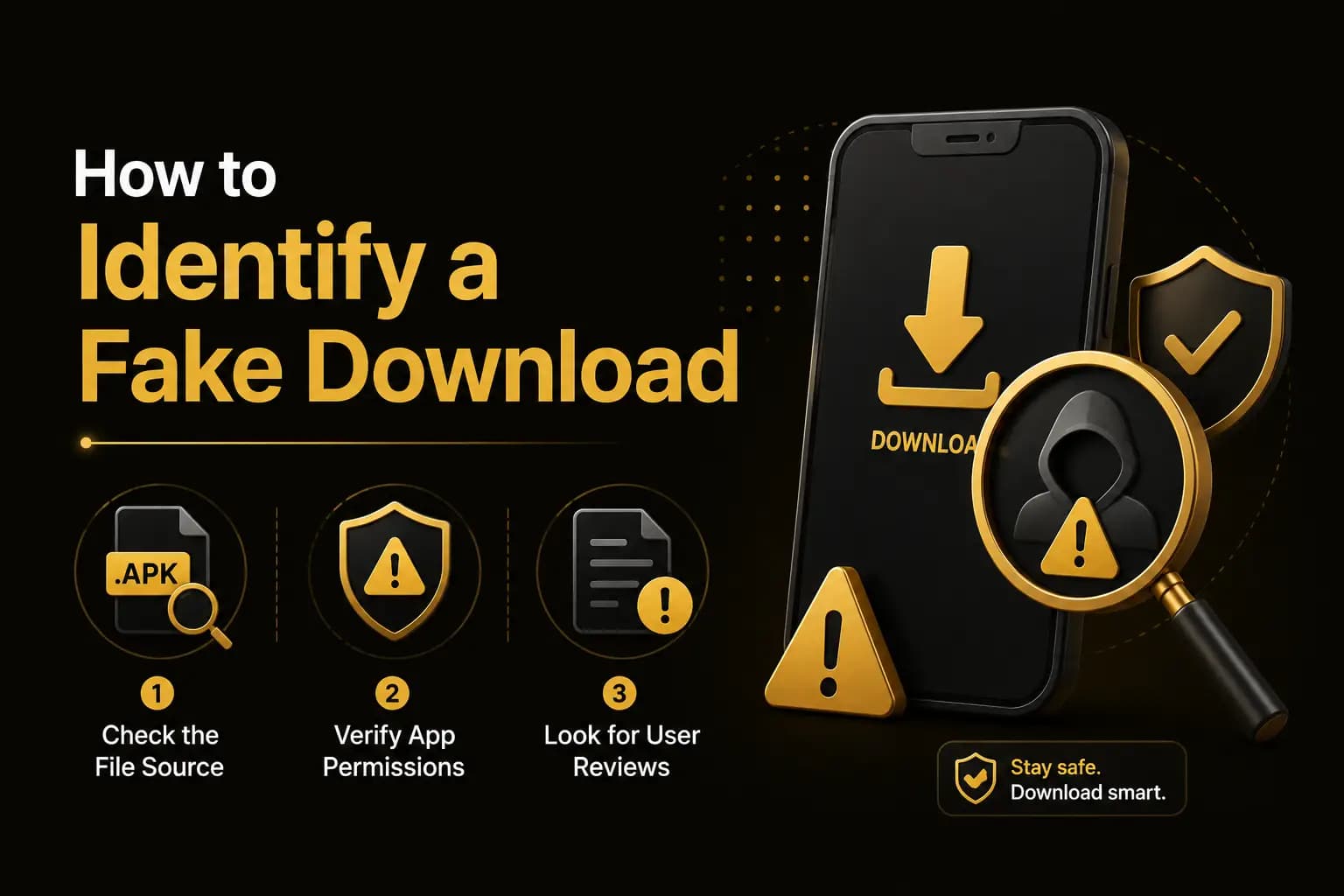 How to Identify a Fake Download graphic with check-the-source, verify-permissions and user-review icons