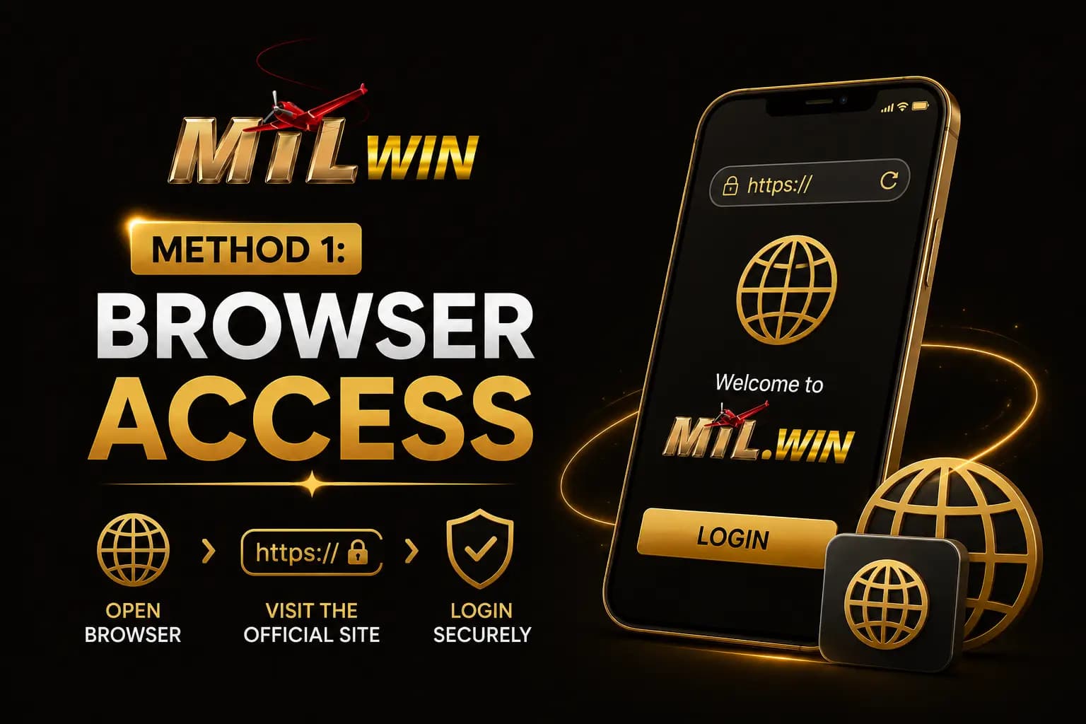 Method 1: Browser Access graphic showing a phone opening the Mil Win login page in a browser