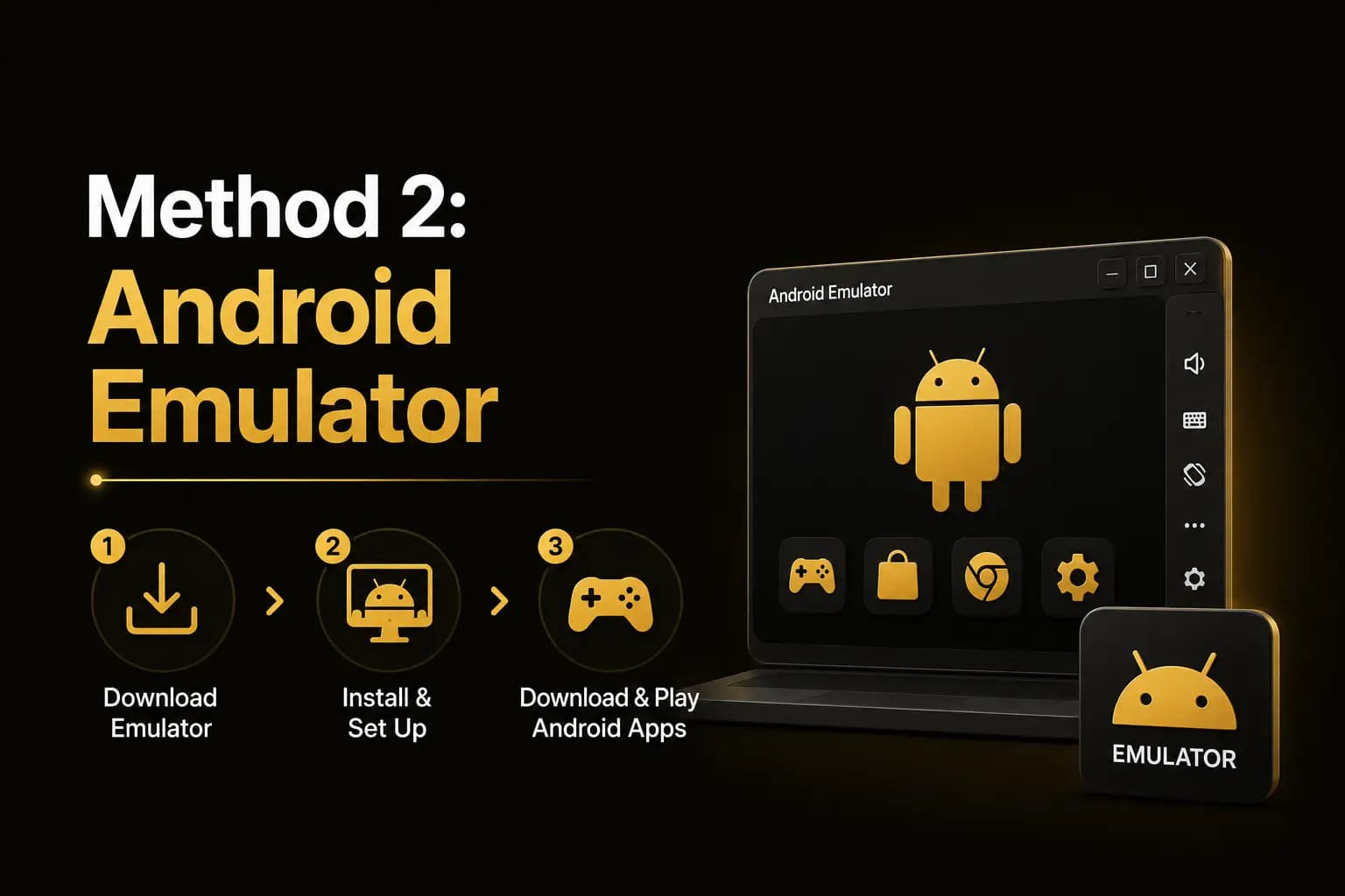 Method 2: Android Emulator graphic showing the download, install and play steps on a laptop