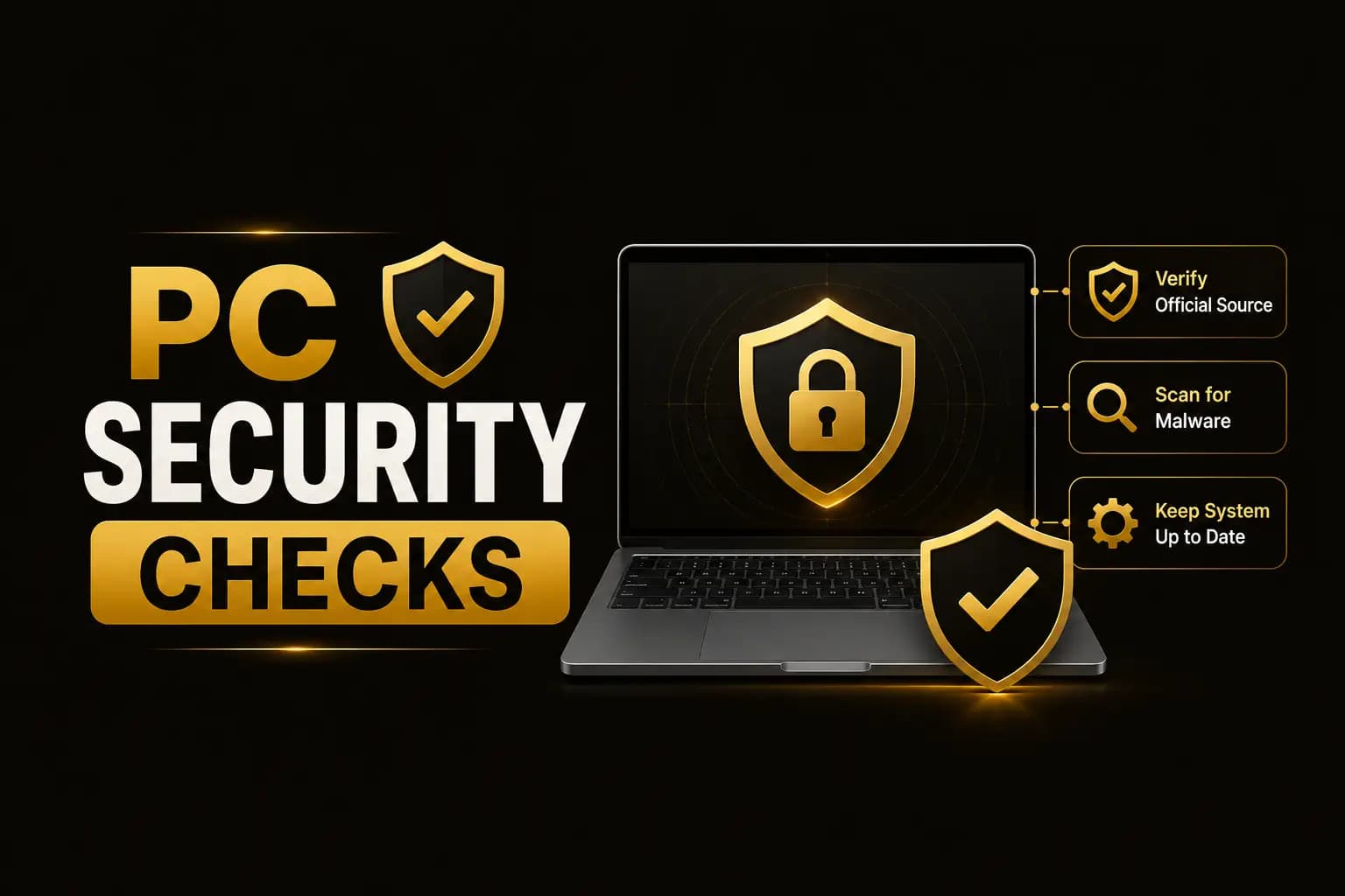 PC Security Checks graphic with a laptop, padlock shield and verification icons