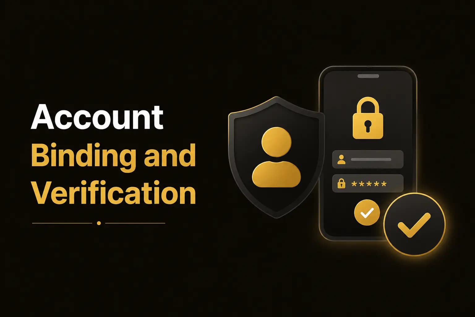 Account Binding and Verification graphic with a shield, profile icon and verified phone screen