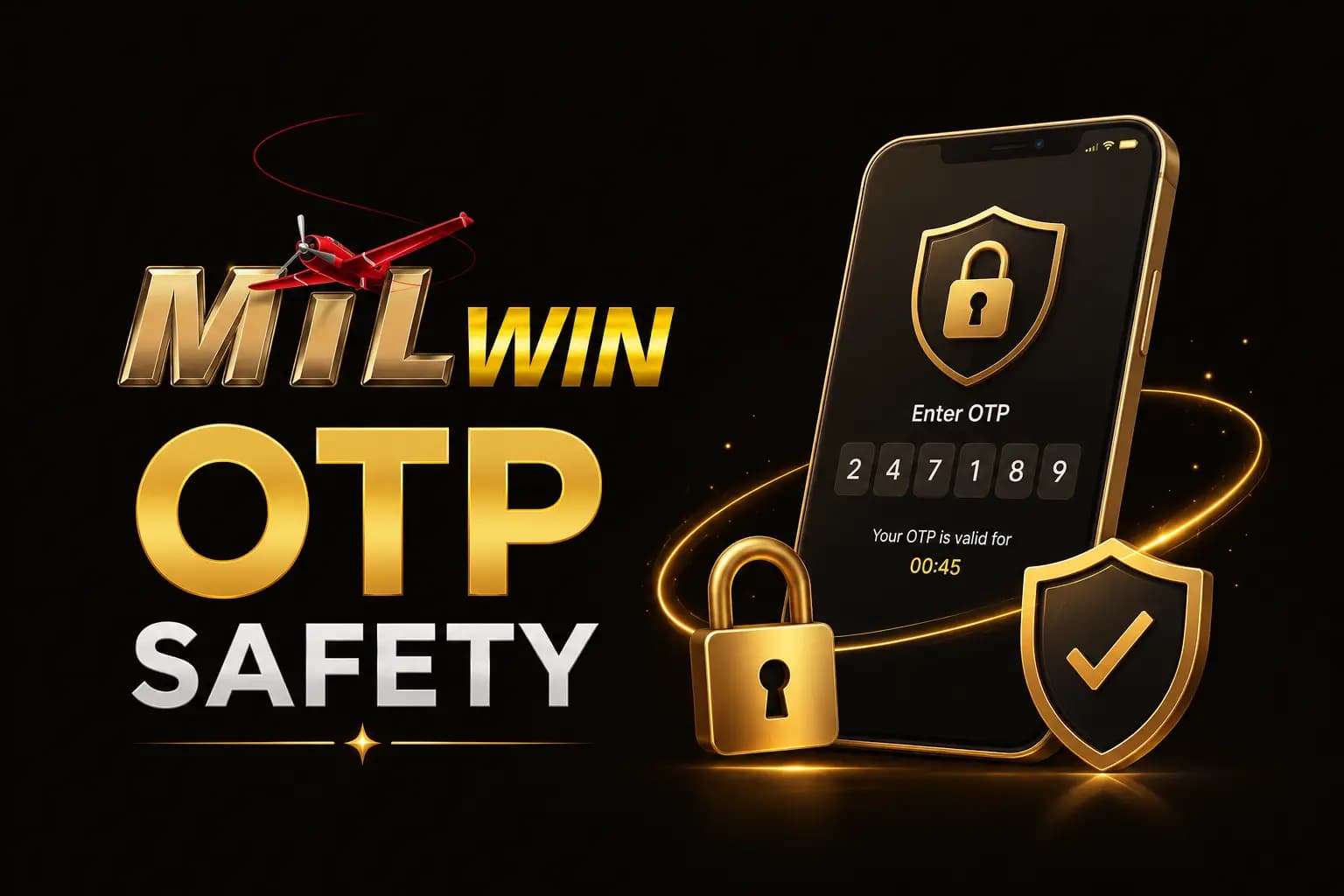 Mil Win OTP Safety graphic showing a phone with an OTP entry screen and padlock icons