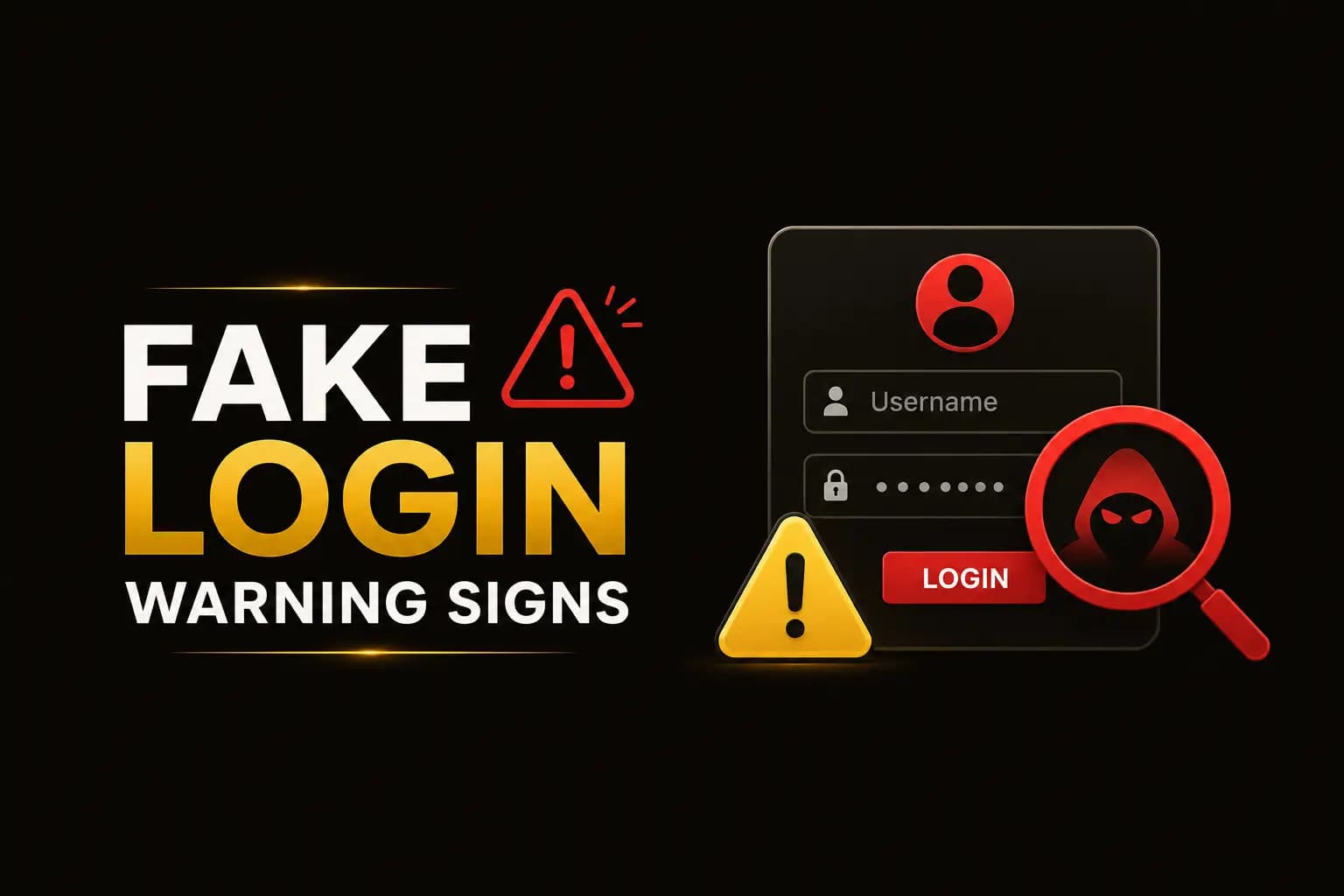 Fake Login Warning Signs Fake Login Warning Signs graphic with a suspicious login form and a hooded phishing icon