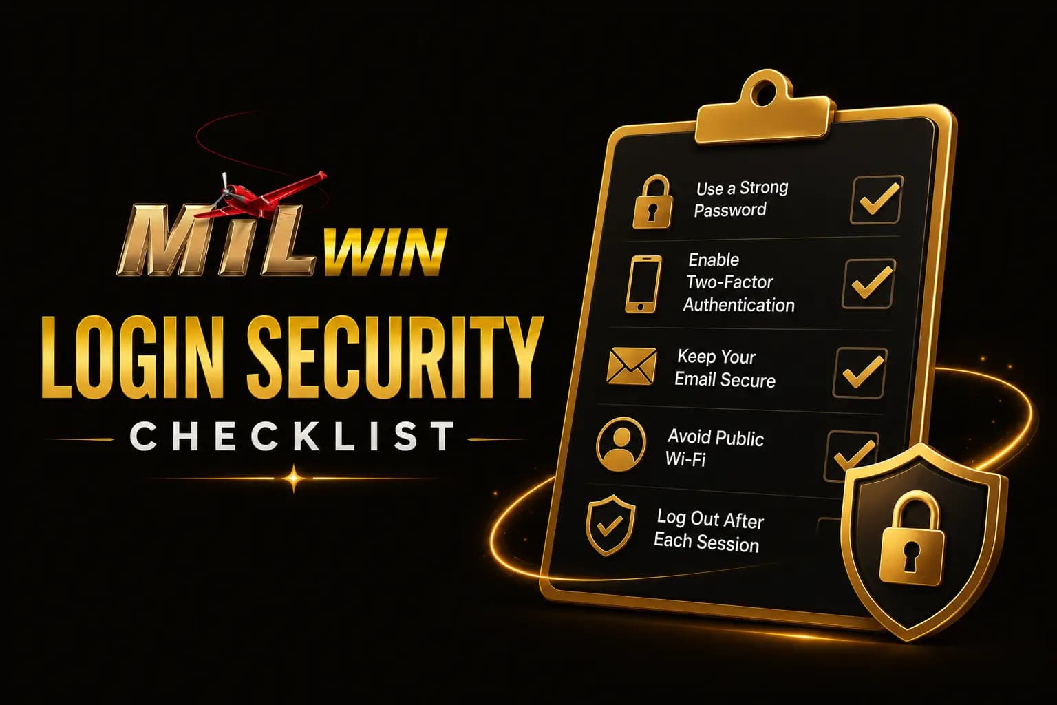 Login Security Checklist Mil Win Login Security Checklist graphic with strong password, 2FA and log-out reminders